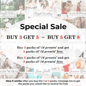 Puede incluir: Un gr&aacute;fico que promociona una venta especial de ajustes preestablecidos de Lightroom y Photoshop. El texto dice "Venta especial" y "Compra 3, obt&eacute;n 5 ~ Compra 5, obt&eacute;n 8". El gr&aacute;fico presenta un collage de im&aacute;genes con diferentes temas, que incluyen "Vibraciones de la jungla", "Boda brillante", "Amor y pasi&oacute;n", "Flor de azahar", "Nudes limpios", "Viaje Insta", "Blogger minimalista", "Sal marina" y "Floraci&oacute;n de verano".