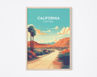 May include: A retro-style travel poster featuring a scenic desert landscape with palm trees and a winding road. The poster has a turquoise background and the text "CALIFORNIA United States" at the top.