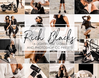 Puede incluir: Un collage de imágenes con personas que llevan ropa y accesorios negros. El texto "Rich Blacks" se muestra en un cuadro blanco con el texto "16 Lightroom Mobile and Photoshop CC Presets" debajo.