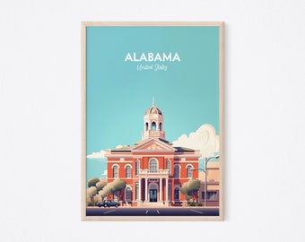 Alabama Travel Poster, Alabama City Print, America Print, United States Print, Illustration Travel Print, Housewarming Gift, Wall Decor