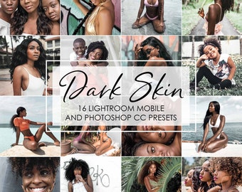 Puede incluir: Un collage de 16 imágenes con personas de piel oscura. Las imágenes están dispuestas en una cuadrícula y presentan una variedad de poses y escenarios. El texto "Dark Skin" se muestra en una fuente grande en la parte superior del collage, y el texto "16 Lightroom Mobile and Photoshop CC Presets" se muestra debajo del collage.