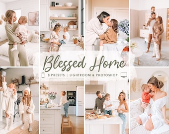 May include: A collage of eight lifestyle photos with a soft, warm aesthetic. The images feature families in various home settings, including kitchens and bedrooms. Text overlay reads "Blessed Home" with details about presets for Lightroom and Photoshop.