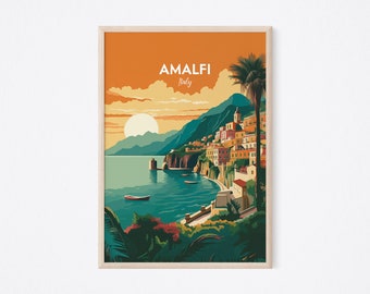 Impresión de la costa de Amalfi, cartel de Amalfi Italia, impresión de Positano Italia, impresión de Positano, ilustración de Italia, impresión de viaje vectorial, regalo de bienvenida