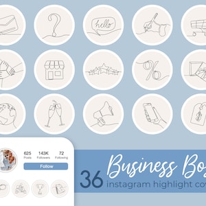 May include: A set of 36 Instagram highlight covers featuring minimalist line art illustrations in black and white. The illustrations include icons for email, question mark, hello, writing, shopping cart, handshake, store, stars, percentage sign, gift box, globe, champagne glasses, megaphone, phone, and price tag. The covers are designed for use on Instagram profiles to organize and categorize stories.