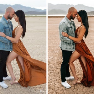 Puede incluir: Una pareja en un entorno des&eacute;rtico, la mujer lleva un vestido largo de color &oacute;xido con una abertura, el hombre lleva una chaqueta vaquera y pantalones vaqueros, se miran con la frente tocando.