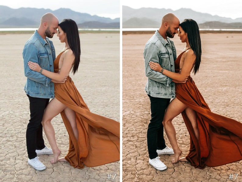 Puede incluir: Una pareja en un entorno des&eacute;rtico, la mujer lleva un vestido largo de color &oacute;xido con una abertura, el hombre lleva una chaqueta vaquera y pantalones vaqueros, se miran con la frente tocando.
