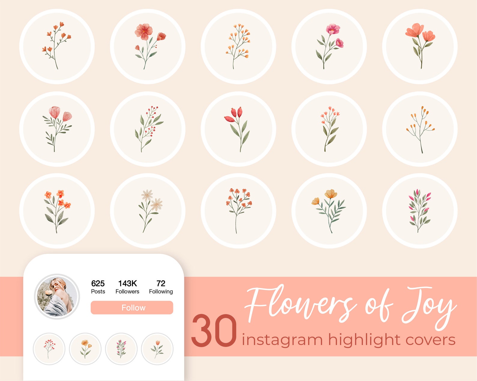 Instagram Highlights Covers, Boho Icons Flowers Watercolor, Botanical ...