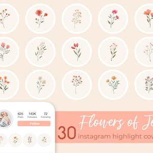 Instagram Highlights Covers, Boho Icons Flowers Watercolor, Botanical Instagram Stories, Instagram Story Icons, Hand Drawn Floral IG Covers