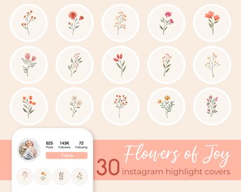 Op de afbeelding: 30 aquarel-bloemillustraties in pasteltinten, perfect voor Instagram-highlight-covers. De illustraties tonen verschillende bloemen en bladeren in tinten roze, oranje, geel en groen. De tekst "Flowers of Joy" en "30 instagram highlight covers" staat onderaan de afbeelding.