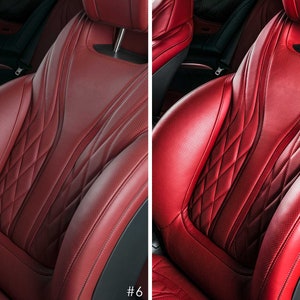 May include: Close-up of a red leather car seat with diamond-shaped stitching. The seat is in a luxury car interior.
