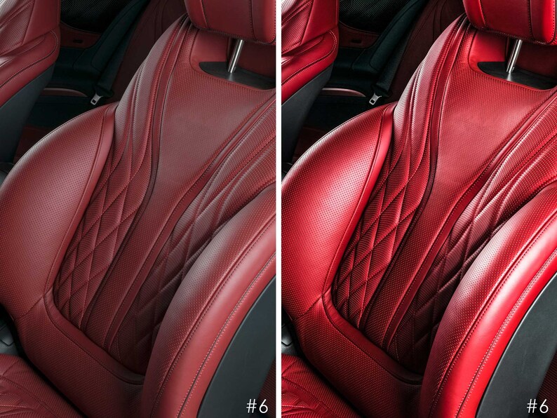 May include: Close-up of a red leather car seat with diamond-shaped stitching. The seat is in a luxury car interior.