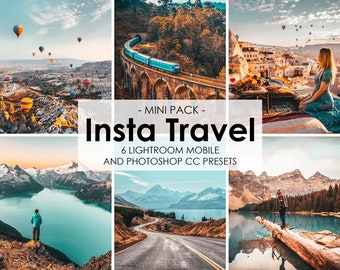 May include: A collage of six images showcasing travel destinations. The images include hot air balloons over a rocky landscape, a train traveling through a forest, a cityscape with a woman sitting on a rug, a mountain lake with a person standing on a rock, a road winding through a mountain valley, and a person standing on a fallen log over a lake.