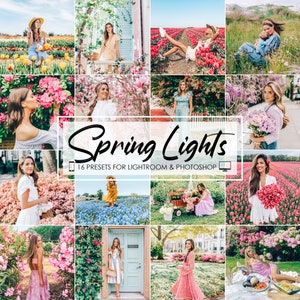 May include: A collage of 16 images featuring a variety of spring-themed photos. The images feature flowers, people, and landscapes. The text "Spring Lights" and "16 Presets for Lightroom & Photoshop" is displayed in the center of the collage.
