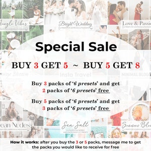 Puede incluir: Un gr&aacute;fico con una oferta especial de presets para fotos. Compra 3 paquetes de 6 presets y obt&eacute;n 2 paquetes gratis, o compra 5 paquetes y obt&eacute;n 3 paquetes gratis.