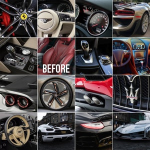 May include: A collage of images showcasing various luxury car interiors and exteriors. The images include close-ups of steering wheels, gear shifters, seats, and car emblems. The word "BEFORE" is displayed in the center of the collage.
