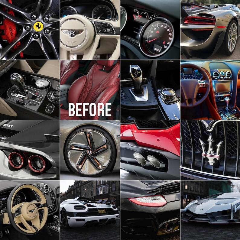 May include: A collage of images showcasing various luxury car interiors and exteriors. The images include close-ups of steering wheels, gear shifters, seats, and car emblems. The word "BEFORE" is displayed in the center of the collage.