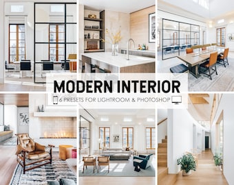 May include: A collage of six images showcasing modern interior design with a minimalist aesthetic. The images feature various rooms, including a living room with a fireplace, a kitchen with white countertops, a dining room with a large table, and a hallway with a staircase. The images are all bright and airy, with a focus on clean lines and simple shapes.