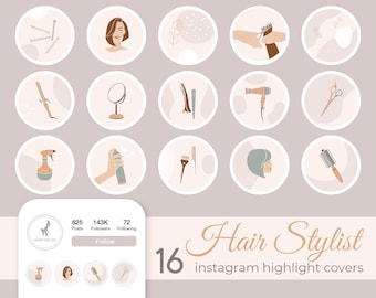 Puede incluir: Un conjunto de 16 portadas de destacados de Instagram con ilustraciones de herramientas y accesorios para el peinado, incluyendo tijeras, secadores de pelo, cepillos y laca para el cabello. Las portadas están diseñadas en un estilo minimalista con un fondo marrón claro y contornos blancos.