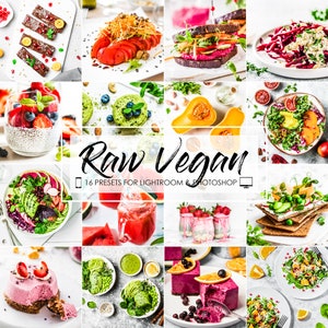 May include: A collage of 16 images showcasing raw vegan food, including salads, smoothies, desserts, and snacks. The text "Raw Vegan" is displayed in the center of the collage, along with the phrase "16 presets for Lightroom & Photoshop".