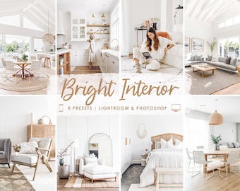 May include: A collage of images showcasing a bright and airy interior design aesthetic. The images feature various rooms, including a dining room, kitchen, living room, bedroom, and a home office. The rooms are decorated in a minimalist style with white walls, natural light, and wooden furniture. The text "Bright Interior" is displayed in a brown font with the words "8 presets | Lightroom & Photoshop" below it.
