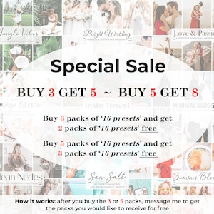 May include: A graphic promoting a special sale on digital presets for photo editing software. The text reads "Special Sale" and "Buy 3 Get 5 ~ Buy 5 Get 8". The graphic features a collage of images with different themes, including "Jungle Vibes", "Bright Wedding", "Love & Passion", "Orange Blossom", "Clean Nudes", "Insta Travel", "Minimal Blogger", "Sea Salt", and "Summer Bloom".