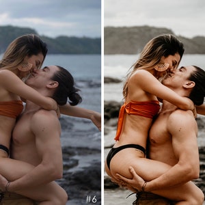 Puede incluir: Una pareja se abraza en una playa rocosa. La mujer lleva un top bandeau rojo y una parte de abajo de bikini negra. El hombre lleva pantalones cortos marrones. Ambos sonr&iacute;en y se miran.