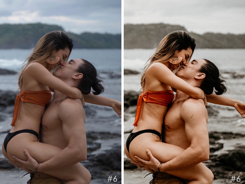 Puede incluir: Una pareja se abraza en una playa rocosa. La mujer lleva un top bandeau rojo y una parte de abajo de bikini negra. El hombre lleva pantalones cortos marrones. Ambos sonr&iacute;en y se miran.