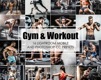 May include: A collage of 16 images featuring people working out in a gym. The images show people lifting weights, using resistance bands, and doing other exercises. The text "Gym & Workout" and "16 Lightroom Mobile and Photoshop CC Presets" is displayed in the center of the collage.