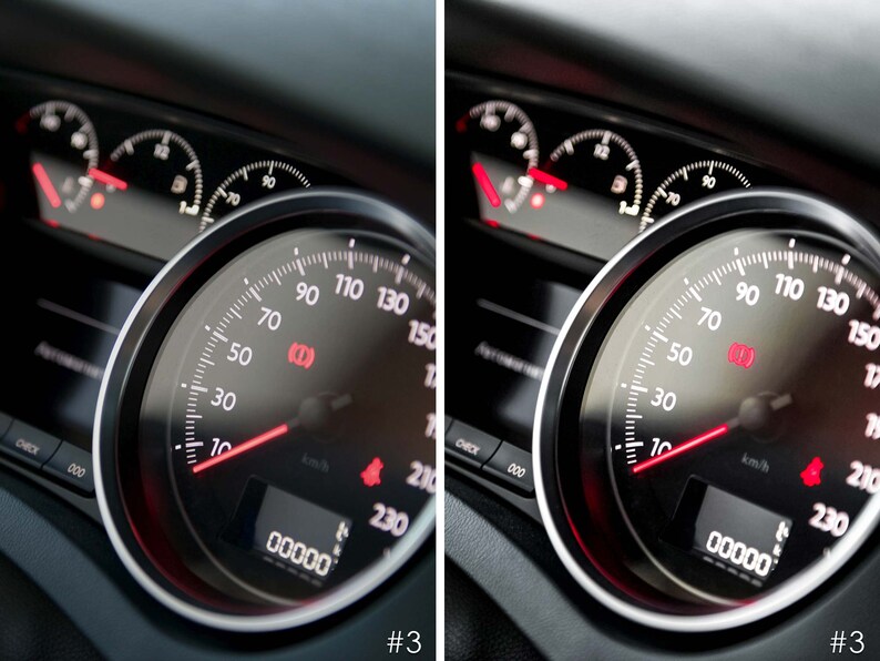 May include: A close-up of a car's dashboard with a speedometer reading 10 km/h. The speedometer has a red needle and a black face with white markings. The digital display shows 00000.