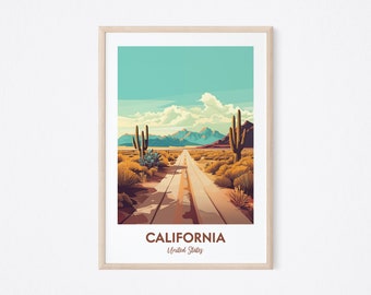 May include: A vintage-style travel poster featuring a desert landscape with a road leading into the distance. The poster has a blue sky with white clouds, brown mountains in the background, and a few cacti in the foreground. The text "CALIFORNIA" and "United States" is printed at the bottom of the poster.
