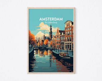 Amsterdam Travel Poster, Amsterdam Print, Netherlands Print, Amsterdam City Print, Netherlands Illustration Print, Travel Art Print Decor