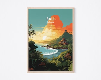 May include: A colorful illustration of a tropical landscape with palm trees, a beach, and a temple. The text "BALI Indonesia" is at the top of the image.
