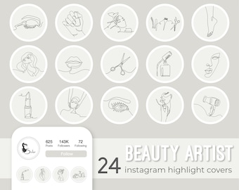 May include: 24 black and white line art illustrations for Instagram highlight covers. The illustrations depict beauty and makeup related items such as eyelashes, lips, scissors, a lipstick, a face, a hand holding a makeup brush, a hair dryer, and a bottle of nail polish.
