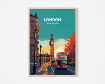 Cartel de viaje de Londres - Reino Unido, Impresión de Londres, Impresión del Big Ben, Autobús de Londres, Cartel del Big Ben, Impresión de Inglaterra, Regalo de boda, Regalo de cumpleaños