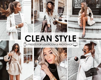 May include: A set of six Lightroom and Photoshop presets for editing photos in a clean style. The presets are designed to give photos a bright, airy, and polished look. The image shows four different photos edited with the presets, each featuring a woman wearing a white coat.