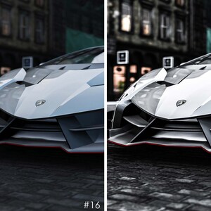 May include: A close-up of the front of a white Lamborghini with a black and gray front bumper and a red stripe along the bottom.