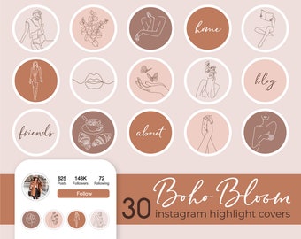 Instagram Highlight Covers, Line Art Boho Icons, Neutral Instagram Stories, Icons Story Highlight Covers, Lifestyle Fashion IG Highlights