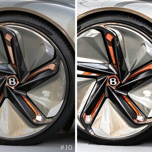 May include: Close-up of a silver car wheel with black spokes and copper accents. The wheel has a "B" logo in the center.