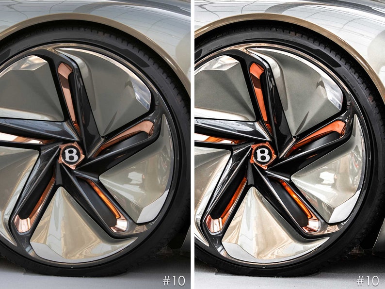 May include: Close-up of a silver car wheel with black spokes and copper accents. The wheel has a "B" logo in the center.