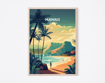 May include: A vintage travel poster with a colorful illustration of a beach scene in Hawaii, United States. The poster features palm trees, a mountain range, a sandy beach, and the ocean with sailboats. The text "HAWAII United States" is at the top of the poster.