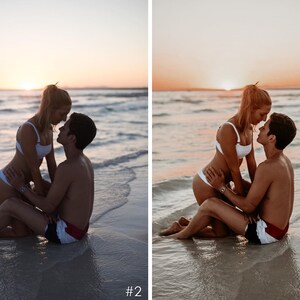 Puede incluir: Una pareja en traje de ba&ntilde;o se abraza en una playa de arena al atardecer. La mujer lleva un bikini blanco de arriba y abajo, mientras que el hombre lleva un ba&ntilde;ador de estampado rojo, blanco y azul.