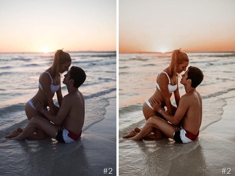 Puede incluir: Una pareja en traje de ba&ntilde;o se abraza en una playa de arena al atardecer. La mujer lleva un bikini blanco de arriba y abajo, mientras que el hombre lleva un ba&ntilde;ador de estampado rojo, blanco y azul.