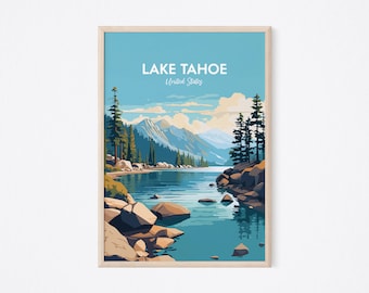 May include: A vintage travel poster featuring a scenic view of Lake Tahoe, United States. The poster has a blue background with a depiction of a lake surrounded by mountains and trees. The text "LAKE TAHOE" and "United States" is printed in white at the top of the poster.
