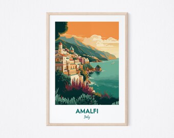 Impresión de viajes de la costa de Amalfi, cartel de la costa de Amalfi, impresión de Italia, impresión de Positano, impresión de ilustración de Positano, impresión de viajes vectoriales, regalo de viaje