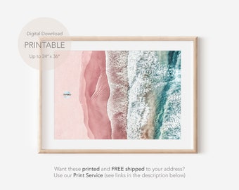 Strand Print, Roze Strand Art Print, Lucht Oceaan Muur Decor, Aerial Beach Prints, Coastal Wall Art, Boho Beach Digitale Print, Ocean Art Print