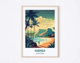 May include: A colorful illustration of a beach scene in Hawaii, United States. The image features palm trees, a sandy beach, a mountain range, and a blue ocean with sailboats. The text "HAWAII" and "United States" is at the bottom of the image.