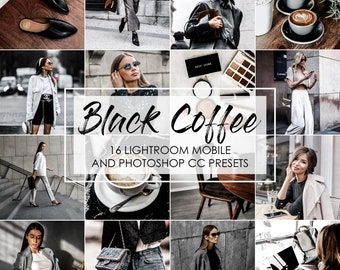 Puede incluir: Un collage de imágenes que presentan una variedad de fotografías de estilo de vida y moda. Las imágenes están editadas con un filtro en blanco y negro y tienen una estética vintage. El texto "Black Coffee" y "16 Lightroom Mobile and Photoshop CC Presets" se muestra en el centro del collage.