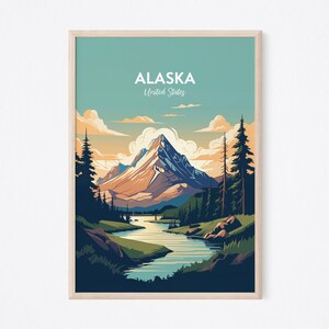 Alaska Travel Poster, Mountain Print, Mountains Wall Art, Alaska Print, Illustration Print, Vector Travel Print, Housewarming Gift