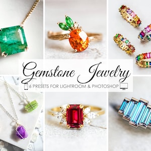 Puede incluir: Una colección de joyas de piedras preciosas que incluye collares, anillos y pendientes con piedras preciosas de varios colores, entre ellos esmeralda, rubí, zafiro y citrino. La imagen también incluye el texto "Gemstone Jewelry 6 Presets for Lightroom & Photoshop".