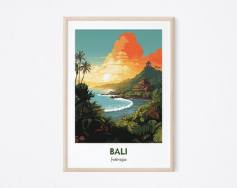 May include: A colorful illustration of a tropical landscape with a beach, ocean, and palm trees. The text "BALI" and "Indonesia" is at the bottom of the image.